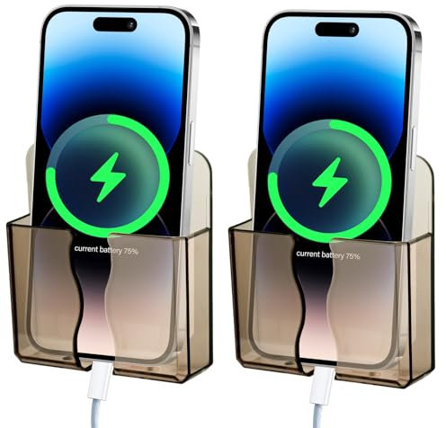 FloralGrace 2 Stück Wandhalterung Handy, Handyhalter mit Klebstoff und Kabelschlitz, Wandhalterung zum Aufladen (Klares Braun)