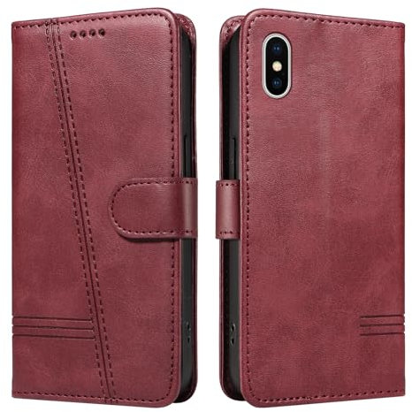 NEXCURIO Handyhülle für Apple iPhone X/iPhone XS Hülle Klappbar mit Kartenfäch Klapphülle Lederhülle Leder Schutzhülle Wallet Flip Case Cover Handy Tasche Handytasche - Weinrot