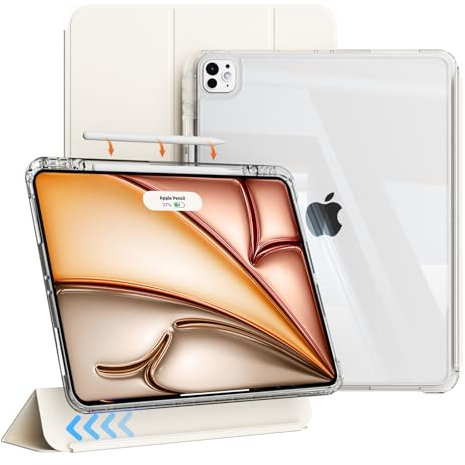 ZKTUYU Hybrid Hülle für iPad Air 13 Zoll 2025 (M3)/2024 (M2) mit Stifthalter, Abnehmbare magnetische Schutzhülle, Trifold Ständerhülle Transparenter Rückseitenschale (CremeWeiß)