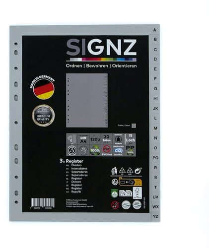 SIGNZ Register DIN A4, 20 - teilig (A-Z), 3 Stück, extra starke Trennblätter aus Kunststoff (PP), CO2-neutral hergestellt, made in Germany