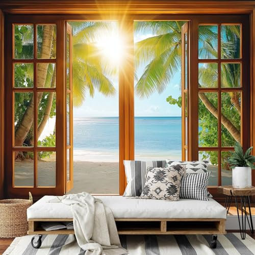 Carta Da Parati Effetto 3D Fotografica, 450Lx315A cm Carta da Parati Personalizzazione, Tessuto di Seta, Luce Solare Finestre In Legno Moderna Decorativo in Stile Spiaggia Vista con Sfondo TV