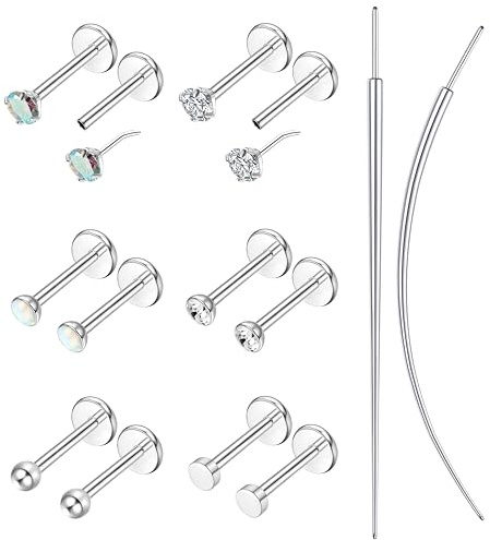 Morfetto Nasenpiercing Stecker Gold/Silber, Labret Tragus Helix Piercings | 12 Stück Chirurgenstahl, hypoallergen & wasserfest, 16G/18G/20G, 6 mm Push-in Flat Back Piercing, für Conch, Lippe & Medusa