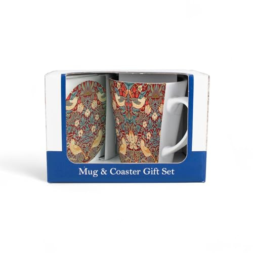 Purely Home Strawberry Thief Red Mug & Coaster Gift Set - William Morris Artwork Ceramic Latte Cup and Glass Coaster Set - Tea/Coffee Present