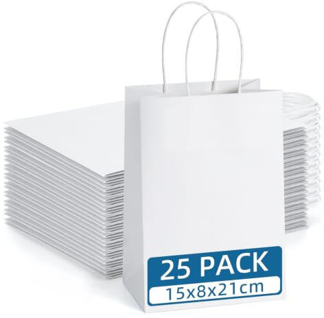 Eupako 25 Pcs Gift Bags with Handles 27x21x11cm White Paper Bags | Kraft Paper, Recycled, Medium Size, Sturdy Handles, For Gift Giving, Crafts, Party Favors, Christmas, Business Packaging