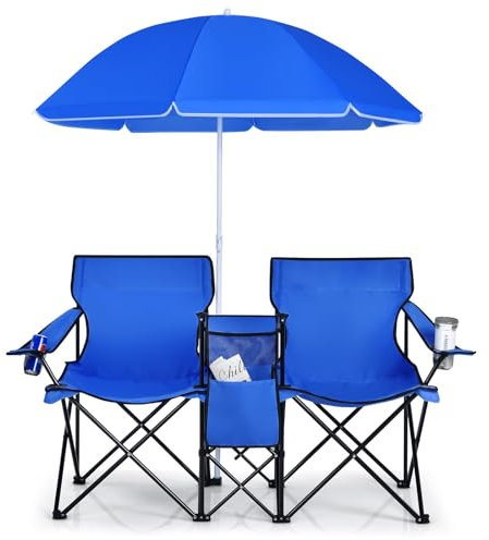 FANTASK Silla de Pesca Plegable con una sombrilla Desmontable, sillas de Camping de 2 plazas, Silla de Camping con Bolsa de Transporte, Silla Plegable