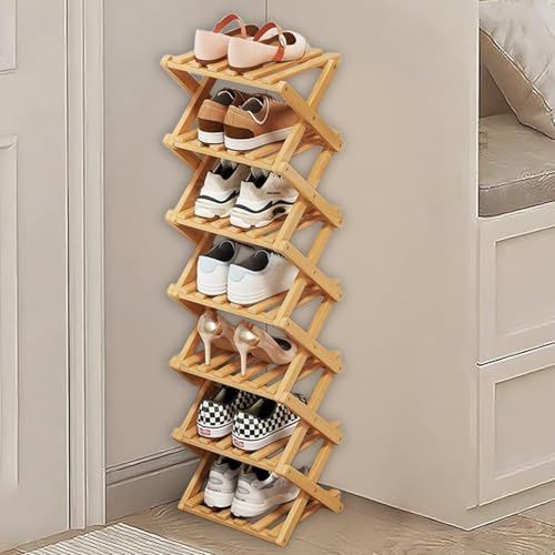 kiss me Faltbares Schuhregal aus Holz, 7 Etagen, für Engen Raum, Natur