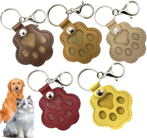 YSYONBOE Llavero Recogedor de Pelo de Perro Gatos, Caja de Almacenamiento Conmemorativa de Pelo de Mascotas, DIY Llaveros Conmemorativos de Cuero, Diseño de Pata de Gato, 5 Piezas