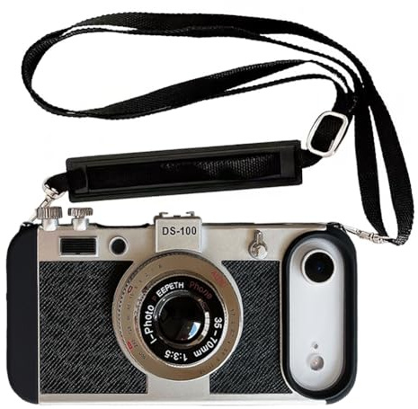 QoKcoahn 3D-Vintage-Kamera-Handyhülle mit langem Umhängeband, einzigartiges, cooles Silikon, Polycarbonat, stoßfest, Crossbody-Schutzhülle für iPhone 17 Air, Schwarz