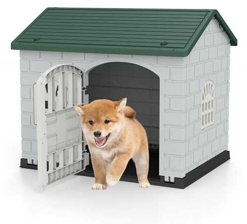 GOPLUS Hundehütte Outdoor, Hundehütte wetterfest mit abschließbarer Tür, 3 Fenster, geneigtes Dach, Hundekäfig Indoor, Haustierhaus Zuhause für kleine bis mittelgroße Hunde & Katzen (Grün)