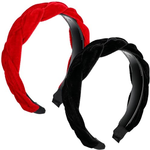 WJIAAA Samt Haarreif Geflochten Damen, 2 Stück Samt Haarreif Breit Haarband Elastische Vintage Haarreifen schwarz/rot Haarschmuck für Alltag Party Karneva