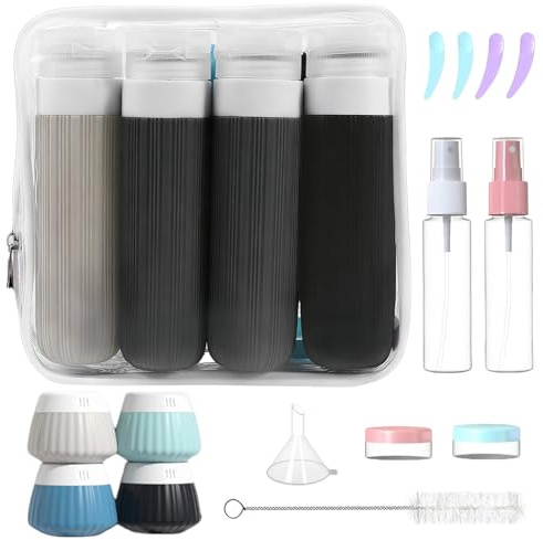 Kit 18 Piezas Botellas de Viaje Silicona, Reutilizables y a Prueba de Fugas, Vacías para Rellenar, Sin BPA, con Etiquetas, Ideal para Cosméticos, Artículos Aseo, Loción (Negro)