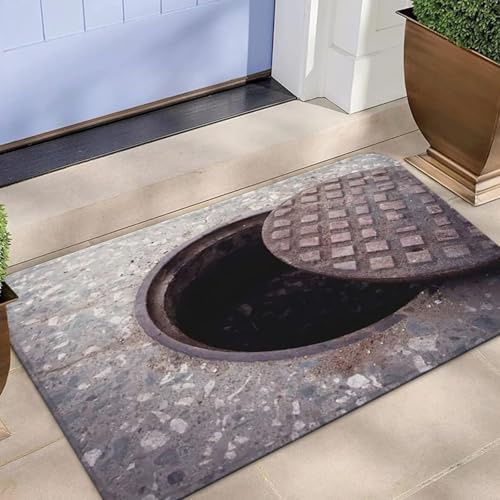 boiszeda 3D-Kanaldeckel-Fußmatte Optische Täuschung Fallenmatte Lustige Wohnaccessoires Fußmatte