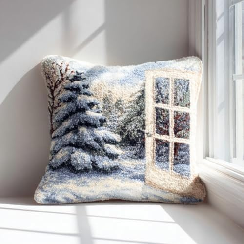 kitphoenix DIY-Knüpfkissen-Set mit Wintermotiv (Schneelandschaft) einfach für Anfänger farbig bedruckter Kissenbezug (43x43 cm) Sofakissen Schlafzimmerdeko Bastelset (2)