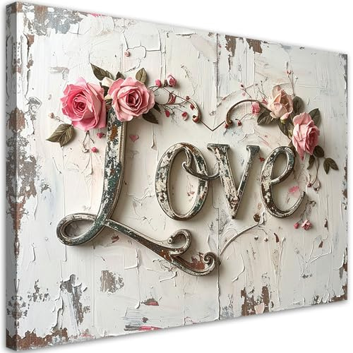 Feeby Bild auf Leinwand - Wandbilder Wohnzimmer Aesthetic - Love Schild Retro Stil - 60x40 1tlg - Schlafzimmer Wandekoration - Bilder Zimmer - Living Room - Deko Wandbilder - Moderne Bild