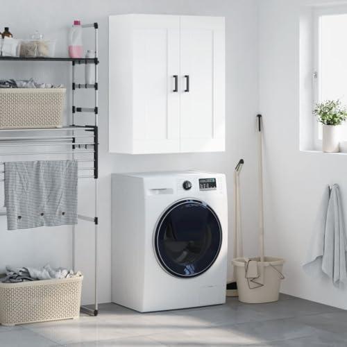 White Wall Cabinet Made of Wood 69.5 x 34 x 90 cm with 3 Compartments and 2 Doors, Elegant Storage Space for Living Room, Bedroom and Kitchen, Versatile Sideboard Replacement, Robust Wall Mounting