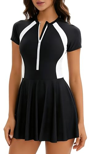 Ausing Womens Short Sleeve Swimdress Tummy Control Zip Up | Half-zip front, tummy control panel, soft stretchy fabric, built-in shorts, quick-dry, beach vacation