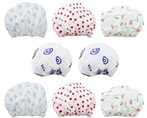 com-four® 10x Duschhaube wasserdicht zum Schutz der Frisur, Flexible Bade-Haube mit elastischem Gummiband mit verschiedenen Motiven, Ø 26 x 13 cm (10 Stück - Mix)