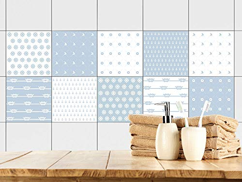 GRAZDesign Fliesenaufkleber Bad Anker Weiss Hellblau Klebefliesen, Badfliesen überkleben - Set 10 Stück