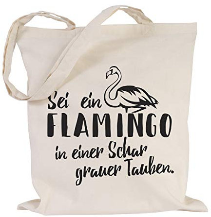 JUNIWORDS Jutebeutel - Wähle eine Farbe - Sei ein Flamingo in einer Schar grauer Tauben. (Beutel: Natur, Text: Schwarz)