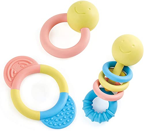 Hape Bébé 3 Hochets Anneaux de Dentition - Eco Matériaux en Riz Japonais - Lot de 3 Jouet Dentition Bébé & Hochet Pour Fille & Garçon - Soulage les Dents de Bébé & Stimule les Sens dès la Naissance