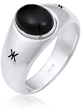 Kuzzoi Siegelring Herrenring oval mit Onyx Schwarz, massiv 9 mm breit in 925 Sterling Silber, Silberring mit Logo schwarz oxidiert, Ring für Männer in der Ringgröße 60, 0602932120_60