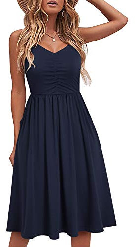 YATHON Lässige Kleider für Frauen Ärmellose Baumwolle Sommer Strandkleid A Linie Spaghettiträger Sommerkleider mit Taschen, YT090-Marineblau, Mittel