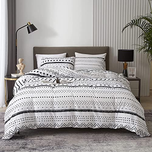 Lanqinglv Bettwäsche Set 135x200 cm Schwarz Weiß Boho Bohemian Geometrisch Wendebettwäsche Microfaser Bettbezug mit Reißverschluss und Kissenbezug 80x80cm