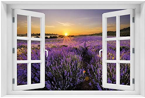 Wallario Glasbild 60 x 90 cm mit Fensterrahmen mit Fenster-Illusion: Sonnenuntergang über dem Lavendel - Wandbild mit freischwebender Optik