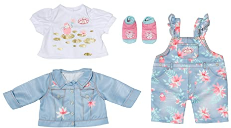 Baby Annabell Active Deluxe Jeans Outfit, blau rosa Jeanshose mit Jeansjacke, weiße Bluse und Socken für 43 cm Puppen, 705643 Zapf Creation