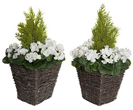 2x Artificial Rattan Patio Planters with White Geraniums and Cedar Topiary