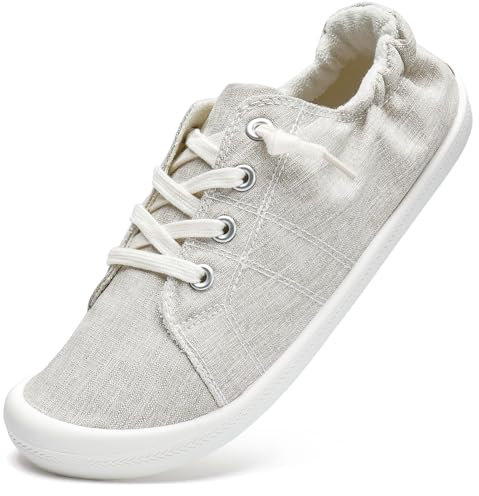 STQ Ladies Trainers Canvas Shoes Womens Walking Slip on Sneaker Low Top Orthopedic Footwear Soft Memory Foam Breathable Lightweight Comfy Fashion Classic Outdoor Beige UK 4 / US 6