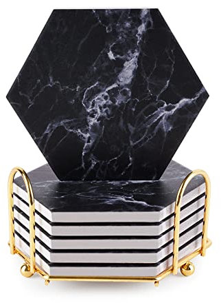 Schwarze Marmor-Untersetzer für Getränke mit goldenem Halter, saugfähig, mit Korksockel, für Bar, Küche, Zuhause und Esszimmer, Dekoration (schwarz)