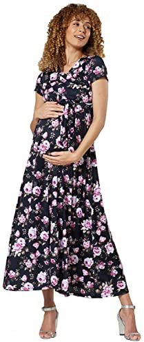 HAPPY MAMA. Femme Robe Maxi Maternité d'allaitement. Court Manches. 599p (Fleurs Noires et Roses, 36, S)