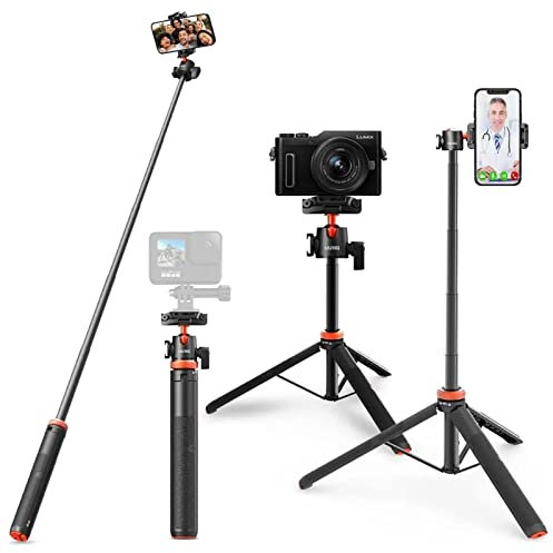 UURig - Trípode de cámara extensible de 52 pulgadas con clip de teléfono 2 en 1, ajuste de 5 niveles, cabezal de bola de 360° para iPhone, Sony, Canon, GoPro