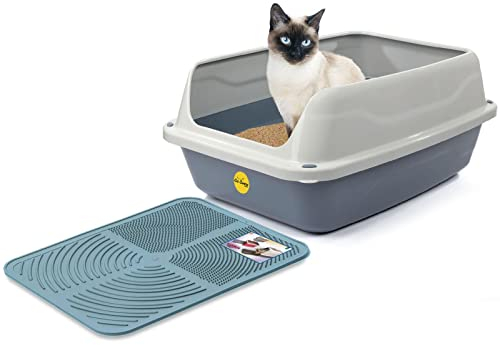 CAT CENTRE Big Grey Open Cat Litter Tray + Blue Tray Mat High Sided Rim Extra Deep Anti-Spillage XL Toilet Box Pan Loo High-Spraying Adult Cats Lowered Entry Step Detachable Rim Rounded Corners