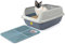 CAT CENTRE Big Grey Open Cat Litter Tray + Blue Tray Mat High Sided Rim Extra Deep Anti-Spillage XL Toilet Box Pan Loo High-Spraying Adult Cats Lowered Entry Step Detachable Rim Rounded Corners