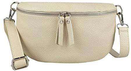 Made in Italy Damen Leder Tasche Handytasche Gürteltasche Crossbody Hüfttasche Bauchtasche Umhängetasche Cross-Over Bodybag Schultertasche Kosmetiktasche Beige
