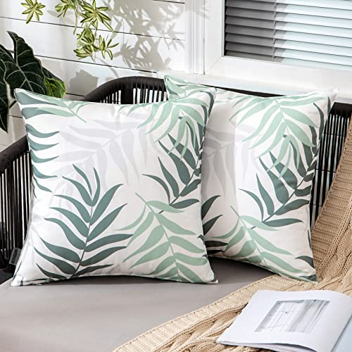 MIULEE Outdoor Kissenbezug Wasserdicht Kissen Wasserfest Dekorative Kissenbezüge Blattmuster Sofakissen Zierkissen Dekokissen für Garten Sofa Couch Wohnzimmer Schlafzimmer 2er Set 45x45 cm Grün Grau