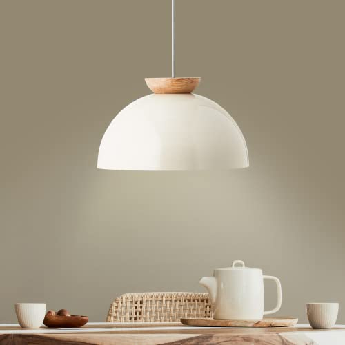 Lightbox Pilz Hängelampe | max. 1,75 m Höhe, Ø 35 cm | Deko Pendelleuchte mit kürzbarem Kabel | E27 Fassung | Esszimmer-Lampe aus Metall/Holz in Hell-Braun/Grau