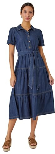 Roman Originals Denim Tiered Cotton Midi Dress for Women UK - Ladies Everyday Holiday Spring Summer Shirt Neckline Comfy Soft Evening Vacation Work Party - Blue - Size 10