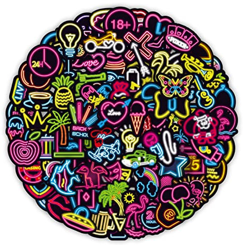 100Pcs Neon Style Stickers,Trendy Graffiti Waterproof Vinyl Cool Neon Light Stickers for Kids Teens Adults, Laptop Water Bottle Guitar Skateboard Luggage Phone