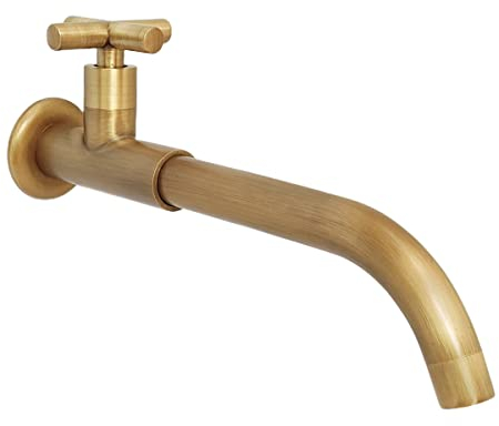 NIUKOMY Kaltwasserhahn Wandmontage Messing Antik, Vintage Wasserhahn Garten Lang, 360°Drehbar Küche Spültischarmatur Kaltwasser Waschtischarmatur mit Kreuzgriff für Moppbecken Wäscherei-Pool
