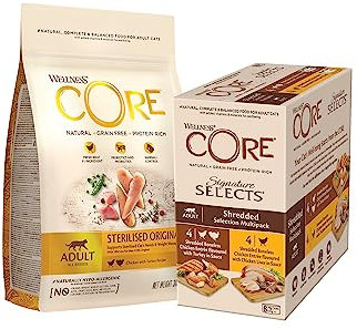 Wellness CORE Katzenfutter Probierpaket, Trockenfutter für sterilisierte Katzen (300 g, Huhn & Pute) und Nassfutter (8 x 79 g, Huhn & Pute + Huhn & Hühnerleber), getreidefrei, hoher Fleischanteil