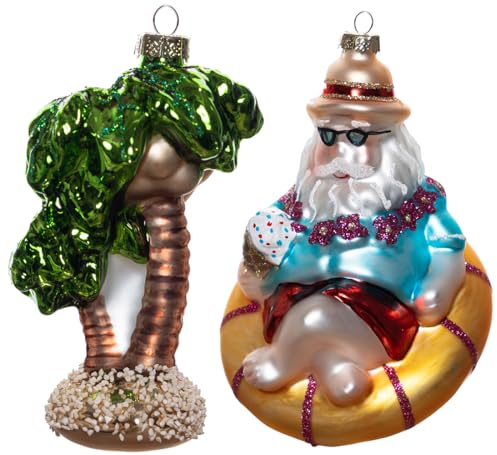 GAUMAANLEI Set mit 2 geblasenen Glas-Sommer-Strand-Weihnachtsmann, entspannend auf Float, Ornamente für Weihnachtsbaum und Glas, Tropische Kokosnussbaum-Ornament