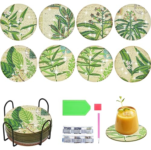Fippy 8 Stück Diamond Painting Untersetzer mit Halter, DIY Diamond Art Untersetzer, 5D Pflanze Diamond Painting Untersetzer für Anfänger Erwachsene Kinder
