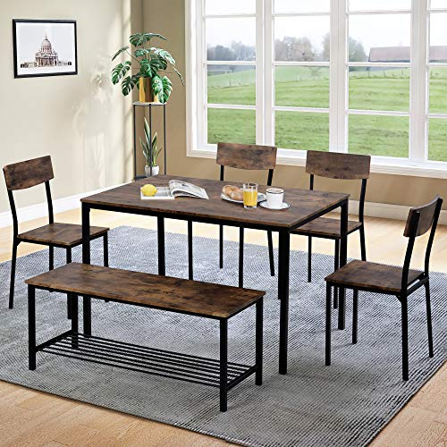 Esstisch Set 6-teilig, 110cm Küchentisch-Set für 6 Personen, Esszimmertisch mit 4 Stühlen und 1 Bank, Sitzgruppe mit Regal, Industriedesign, Esszimmergruppe für Küche Esszimmer