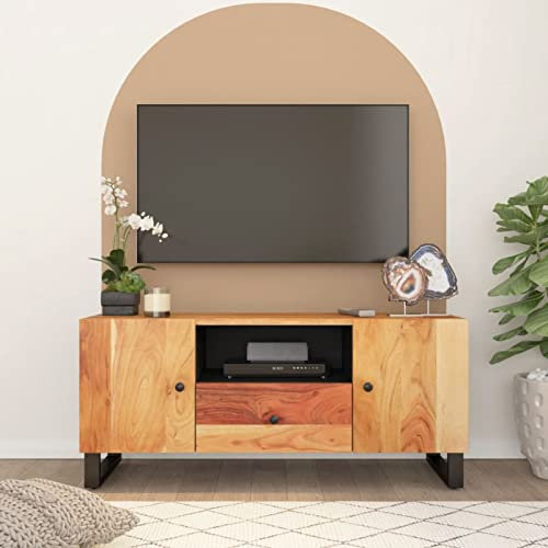 Homgoday Meuble TV en bois d'acacia massif avec grand espace de rangement et pieds en fer - 105 x 33,5 x 46 cm