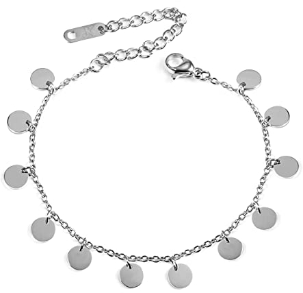 KIM JOHANSON® Edelstahl Damen Multi Layer Armband *Adela* in Silber | Armkette mit 12 runden Plättchen | Wasserfest | Boho Schmuck für Frauen | Kreise Kette | Verstellbare Länge | Inkl. Schmuckbeutel