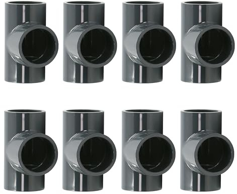 HAF® 8 raccordi a T in PVC a 90° con 3 manicotti adesivi da 50 mm, connettori in PVC grigio per tubi, raccordi per tubi, tubi per piscine, UVM. Qualità: Made in Europe – Quantità: 8 pezzi