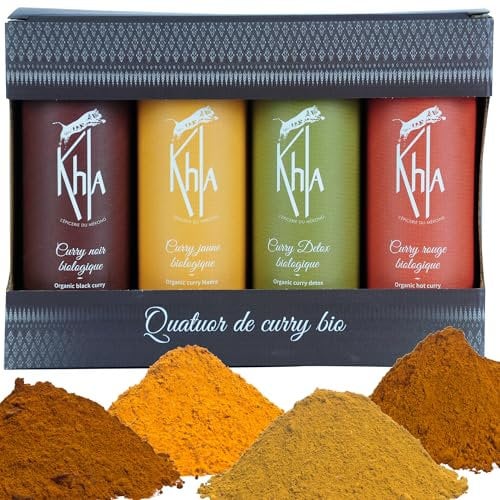 Khla - 4 Organic Curries Gift Set - Yellow Curry, Black Curry, Red Curry & Detox Green Curry - Powder 4x 100 g - - Exclusive Blends - Xmas Birthday Gift Idea - Asian Spice - Origin Cambodia